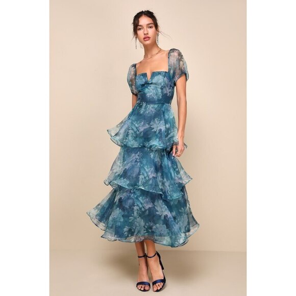 Lulus Dresses & Skirts - Lulus Darling Vision Teal Floral Organza Puff Sleeve Tiered Midi Dress Blue